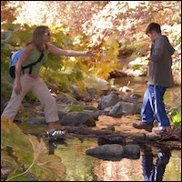 Teacher reaching to help balancing student walking across a log