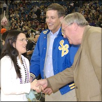 Dave Gordon and Jack O'Connell congratulating teachers