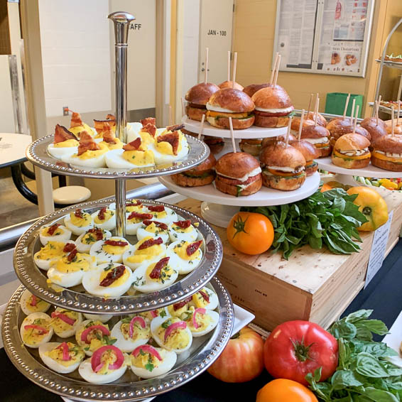 Prepared food displayed on tower serving plates