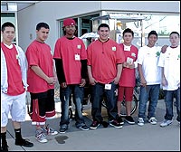 Students in front of metal hot dog stand