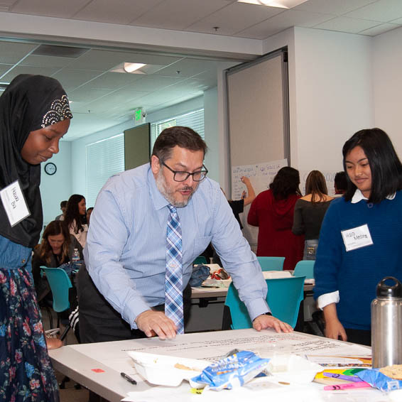 Students reviewing plans with SCOE director