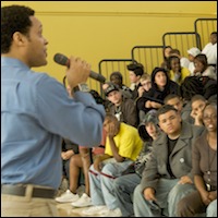 Member of The Color Purple staff addresses students