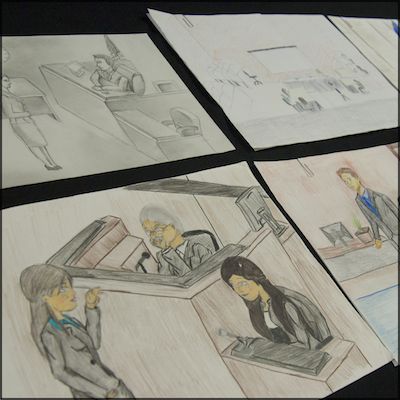 Student artwork depicting courtroom events
