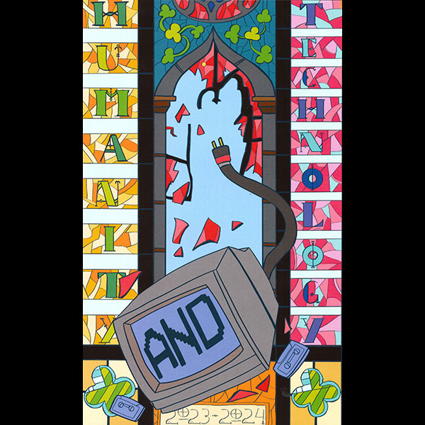 Computer monitor breaking through stained glass 'humanity and technology' window