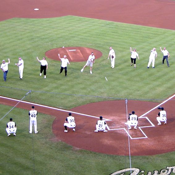 Wide shot of superintendents throwing pitches