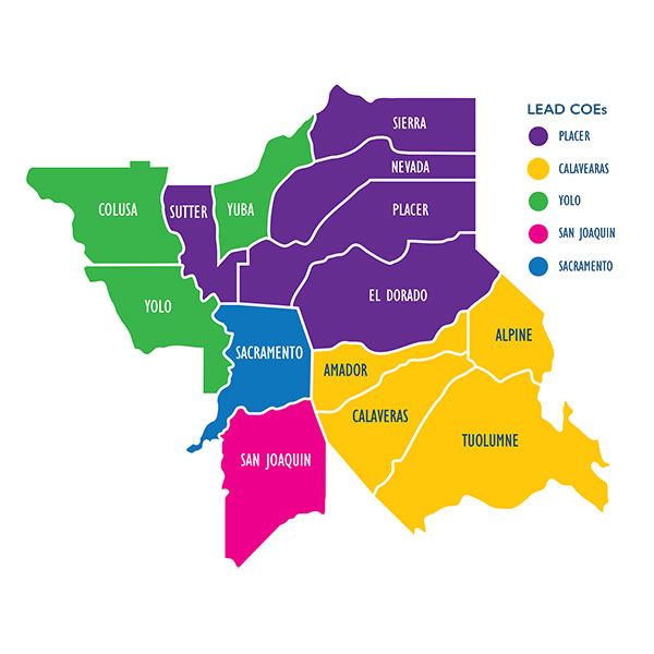 Map highlighting Northern California counties in the Placer-Sacramento Region