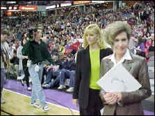 Smiling teachers walking onto the court