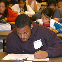 Student looking at test during practice exam