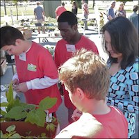 Students selling plants to employee