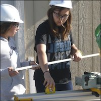 Students in hard hats measuring