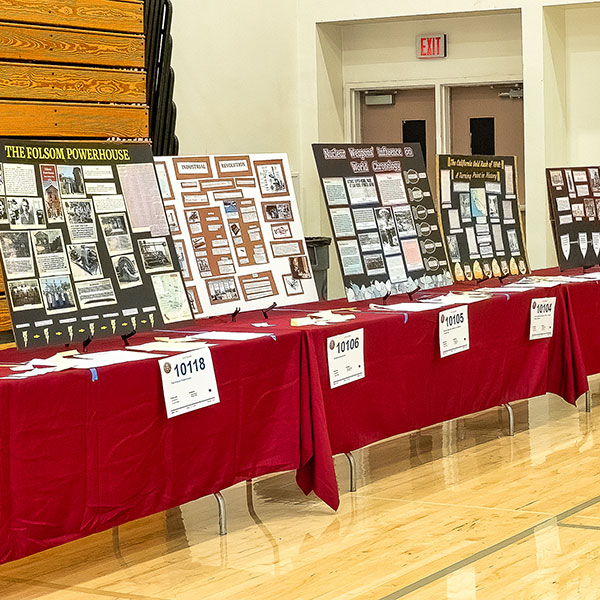 Project displays lined up on tables