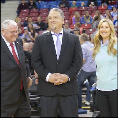 Dave Gordon, Joe Meneghetti, and Katie Peterson on-court