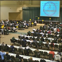 Birds-eye-view of students testing in large room