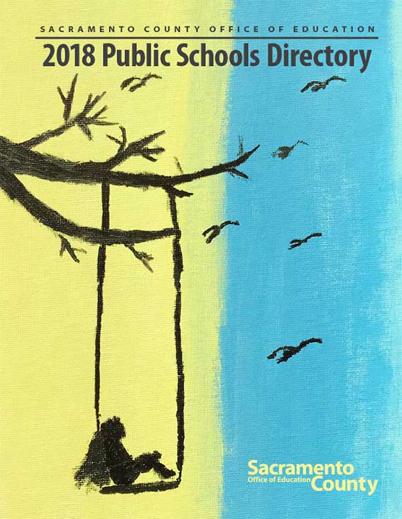 2018 Directory cover with girl swinging from tree branch and birds flying