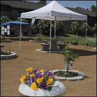 Popup tent covering picnic table in garden