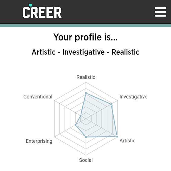 Screenshot showing C'reer profile result as artistic