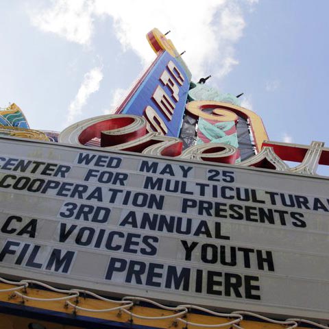 Crest Theater marquee: Center for Multicultural Cooperation Presents 3rd Annual CA Voices Youth Film premiere