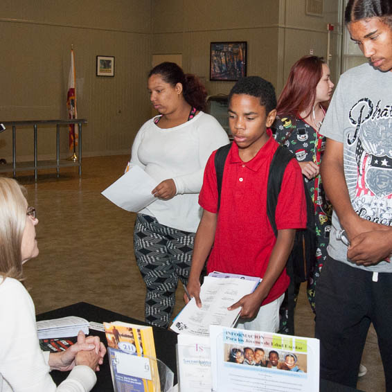 Students lined up to speak to representative