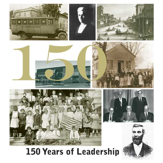 150 Years of Leadership graphic with historical photos of schools and superintendents