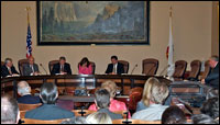 Wide angle view of audience and speakers