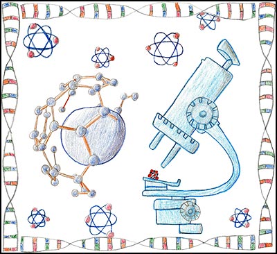 Colored pencil drawing of microsocope and atoms