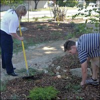 Staff members working in garden